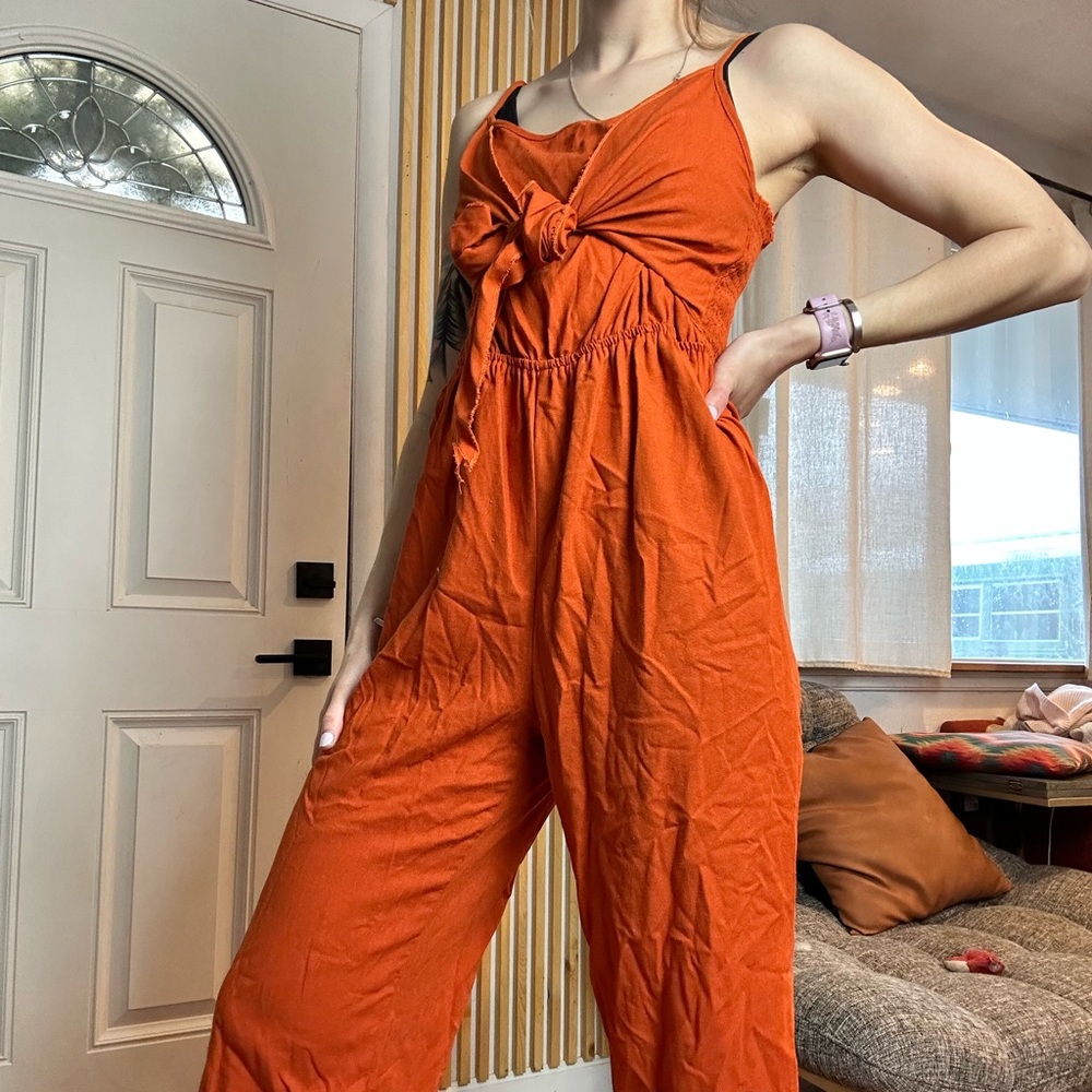 Burnt Orange Jumpsuit Cropped Romper Pants with Adjustable Tie at Waist